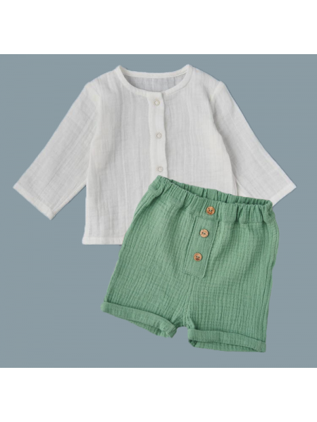 Комплект: блуза на кнопках + шорты (муслин) р.92 цвет: белый+зеленый (2491)
