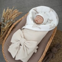 Одеяло-конверт 90х90 «Муслин №5» с бантом резинкой (лето) цвет: бежевый+зайки ОКнВ(Мс5-лето)