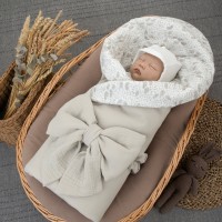 Одеяло-конверт 90х90 «Муслин №5» с бантом резинкой (лето) цвет: серо-бежевый+листья серые ОКнВ(Мс5-лето)