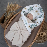  Детское муслиновое одеяло-конверт с поясом на резинке 90х90 цвет: бежевый+хлопок ОКнВ(Мс6-лето)