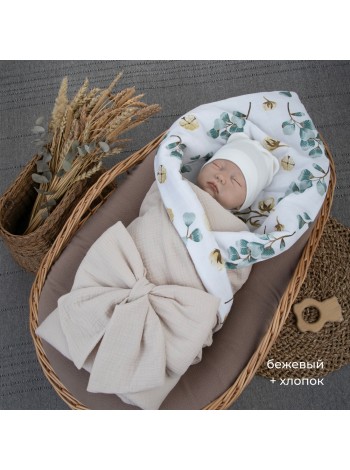  Детское муслиновое одеяло-конверт с поясом на резинке 90х90 цвет: бежевый+хлопок ОКнВ(Мс6-лето)