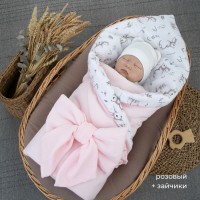  Детское муслиновое одеяло-конверт с поясом на резинке 90х90 цвет: розовый+зайчики ОКнВ(Мс6-лето)
