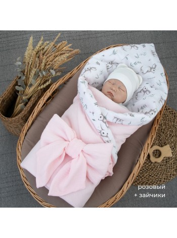  Детское муслиновое одеяло-конверт с поясом на резинке 90х90 цвет: розовый+зайчики ОКнВ(Мс6-лето)