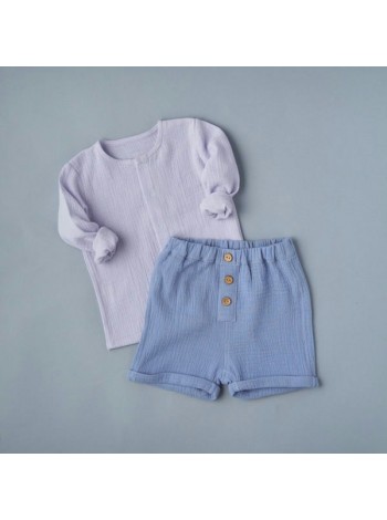 Комплект: блуза на кнопках + шорты (муслин) р.86 цвет: светло-голубой + голубой (2491)