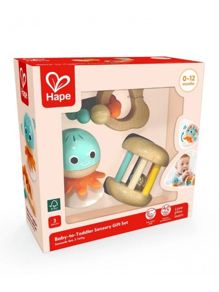 Подарочный набор игрушек погремушек HAPE "Малышам" 3в1 (E0126_HP)